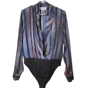 Vintage 80s Sheer Lace Bodysuit • Donna Degnan • Black & Purple Wrap V-Neck‎